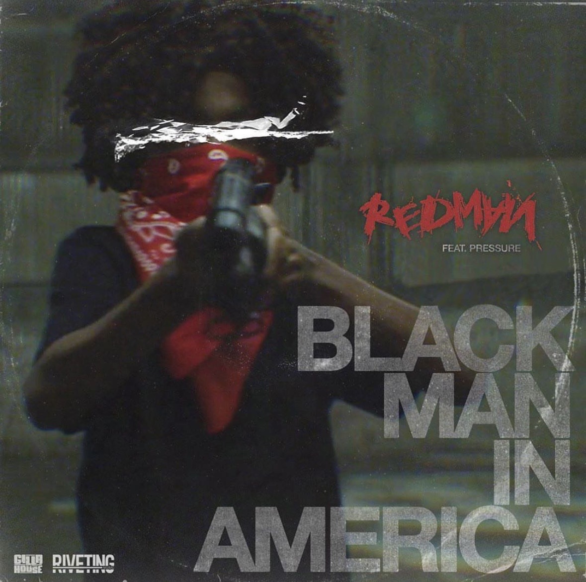 Cover art for Redman featuring Pressure, &ldquo;Black Man In America,&rdquo; with Christopher Bates as the masked figure in a red bandana.