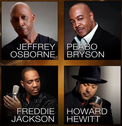 Men of Soul promotional graphic featuring Jeffrey Osborne, Peabo Bryson, Freddie Jackson holding a vintage microphone, and Howard Hewitt.
