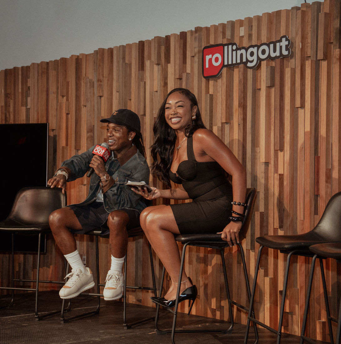 Jacquees on stage with moderator Brook Ellison during Rolling Out&rsquo;s Cover Conversations in Atlanta