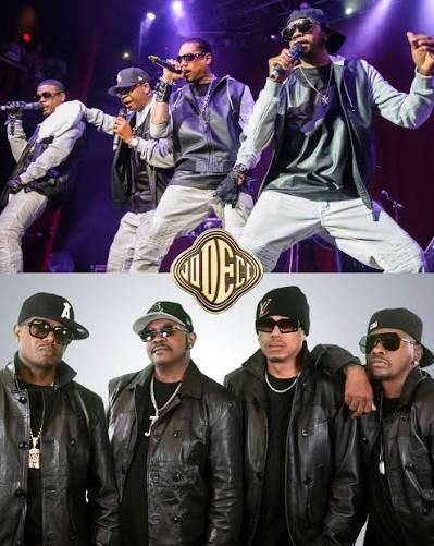 Jodeci in performance and in a group portrait wearing leather and dark shades