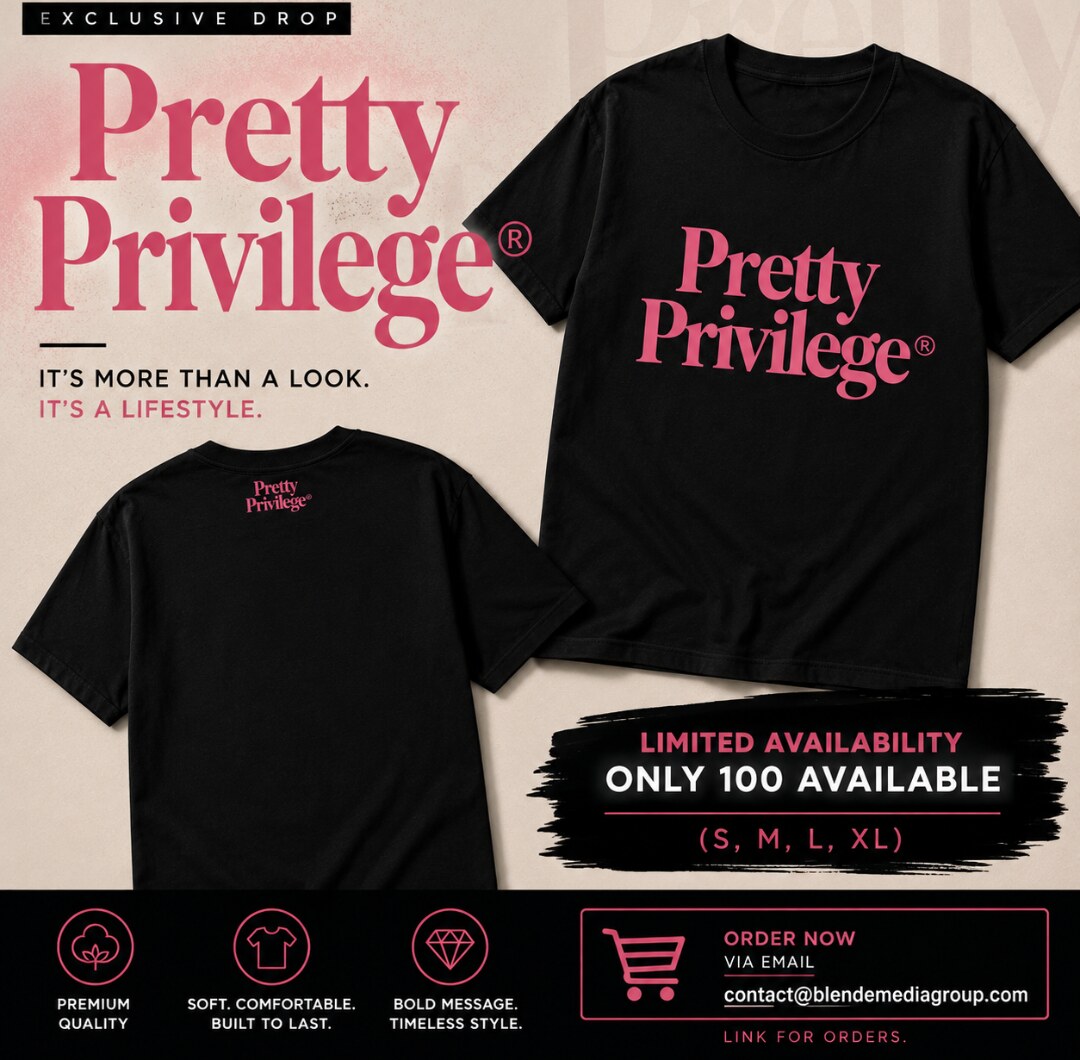 Pretty Privilege limited-edition black T-shirt with pink lettering, available in sizes small through extra large