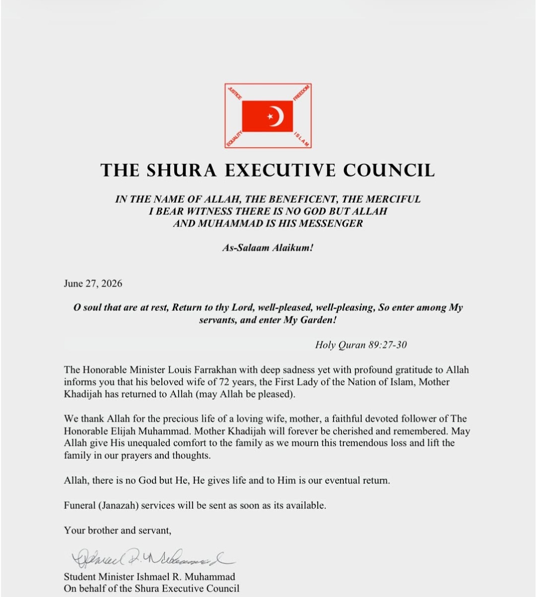 The official statement from The Shura Executive Council announcing the passing of Mother Khadijah Farrakhan, dated June 27, 2026.