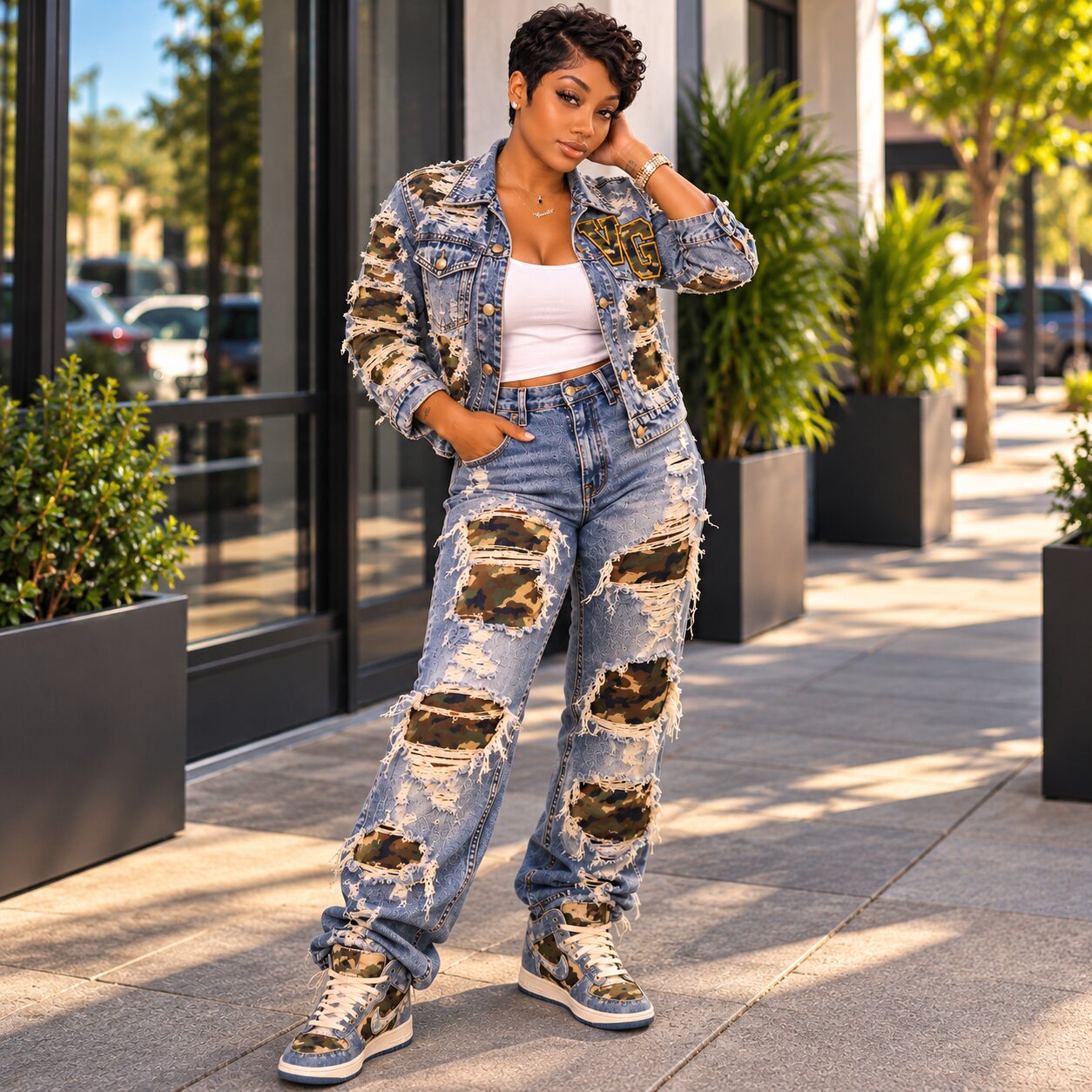 Vixen Girl on a Los Angeles sidewalk in a distressed camo-patched denim jacket with a VG patch, matching ripped jeans and camo high-top sneakers.